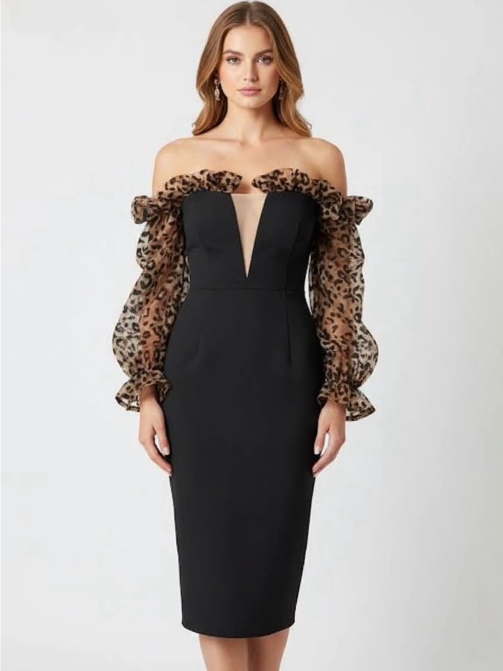 Off-Shoulder Black Dress with Leopard Sheer Sleeves